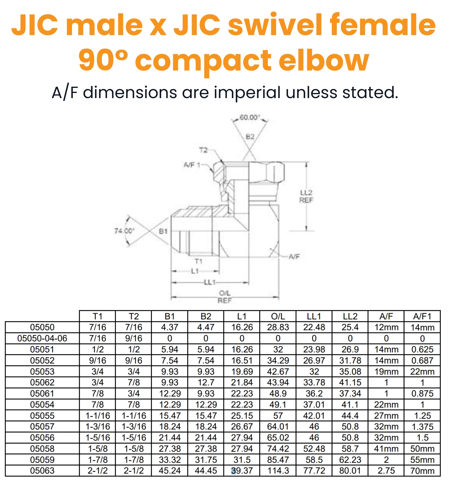 1/2 JIC x 1/2 JIC M/F 90° Compact Hydraulic Adaptor